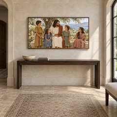 Jesus and the Children oil painting displayed in a limestone entry gallery