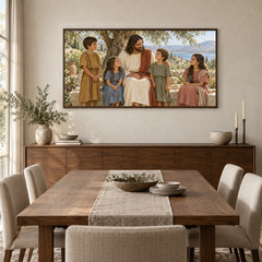 Jesus and the Children oil painting displayed in a walnut dining room