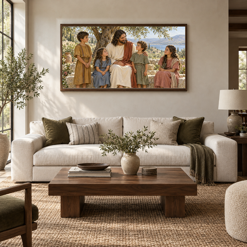 Jesus and the Children oil painting displayed in a ivory and walnut living room