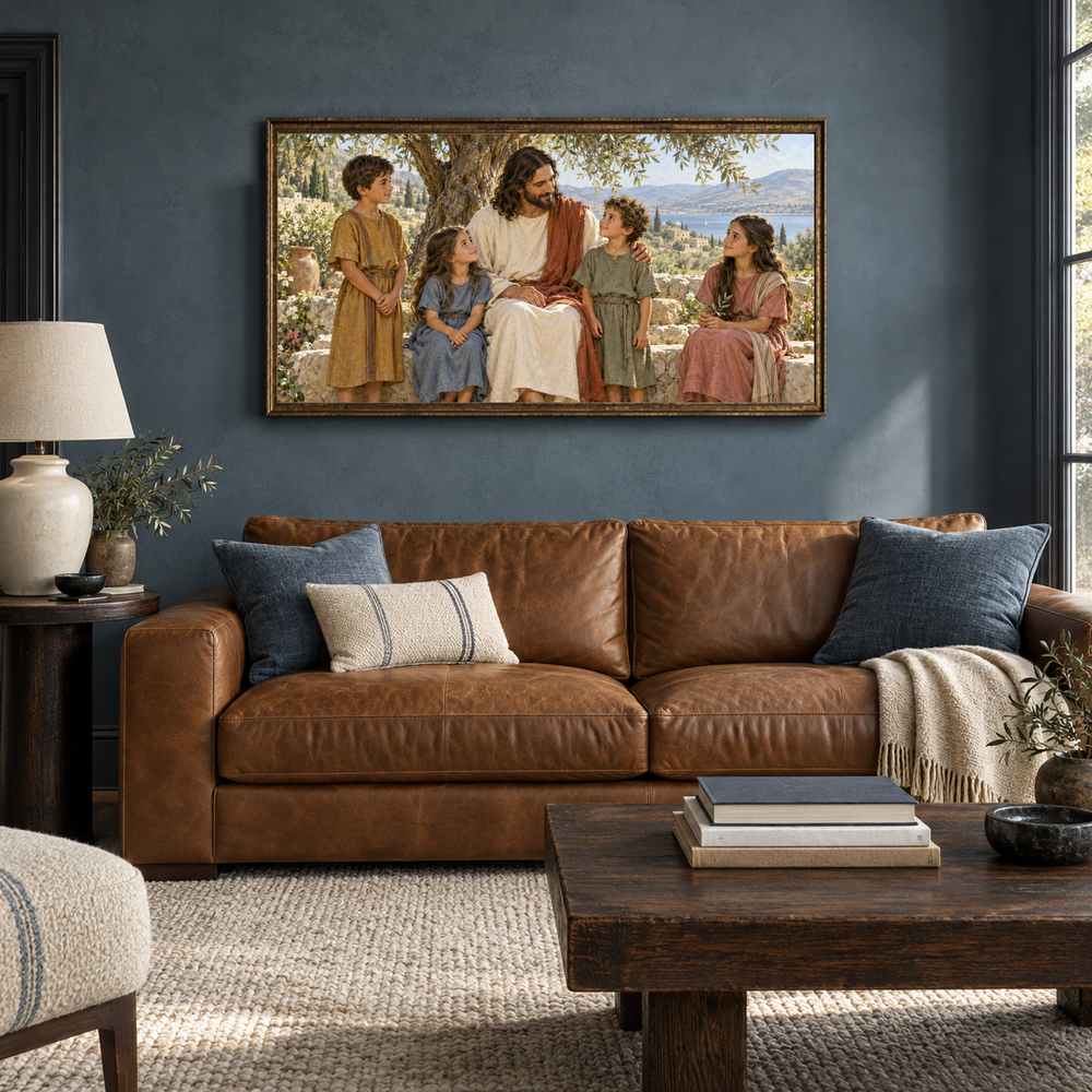Jesus and the Children oil painting displayed in a blue-gray den with a caramel sofa