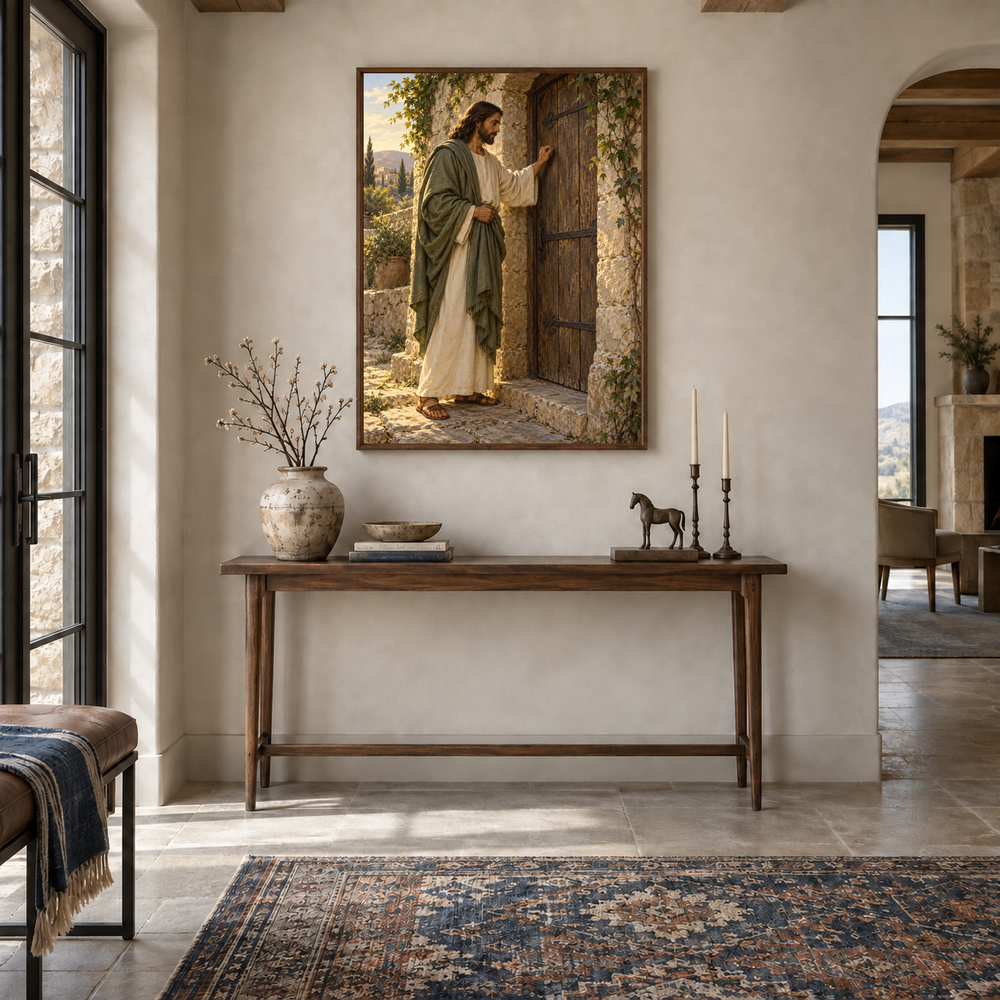 Knocking at the Door oil painting displayed in a entryway