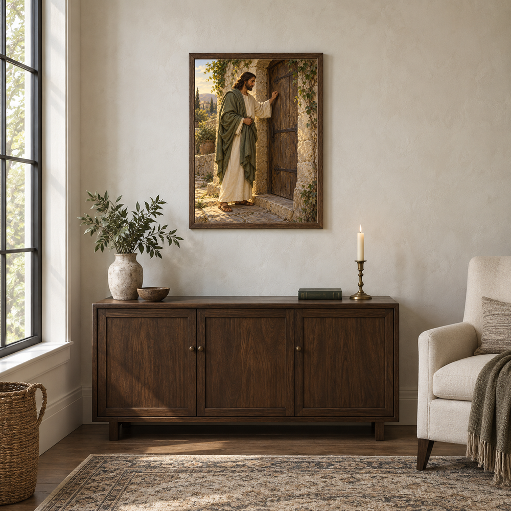 Knocking at the Door oil painting displayed in a walnut prayer and reading alcove