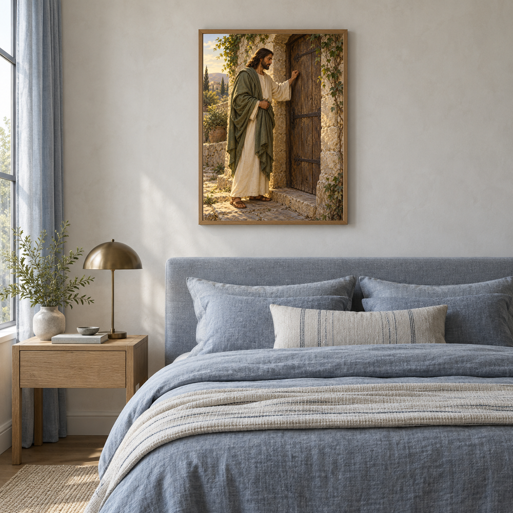 Knocking at the Door oil painting displayed in a blue linen bedroom
