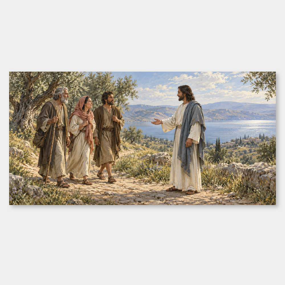 Come Unto Me – Jesus Welcoming the Weary Painting on a neutral gray background