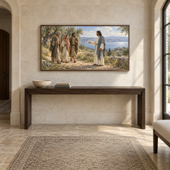 Come Unto Me oil painting displayed in a limestone entry gallery