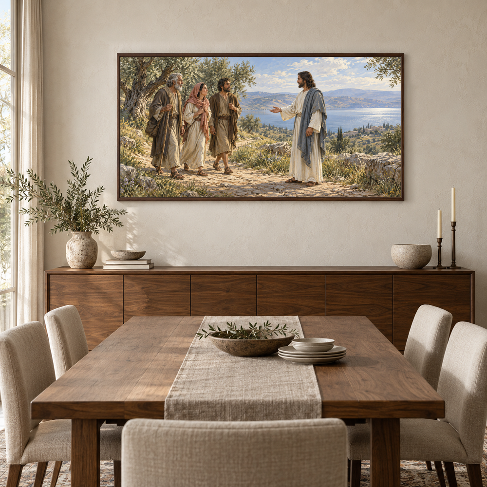 Come Unto Me oil painting displayed in a walnut dining room