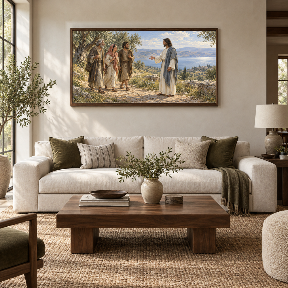 Come Unto Me oil painting displayed in a ivory and walnut living room