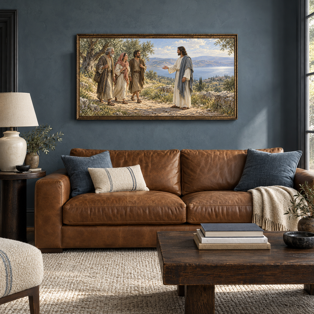 Come Unto Me oil painting displayed in a blue-gray den with a caramel sofa