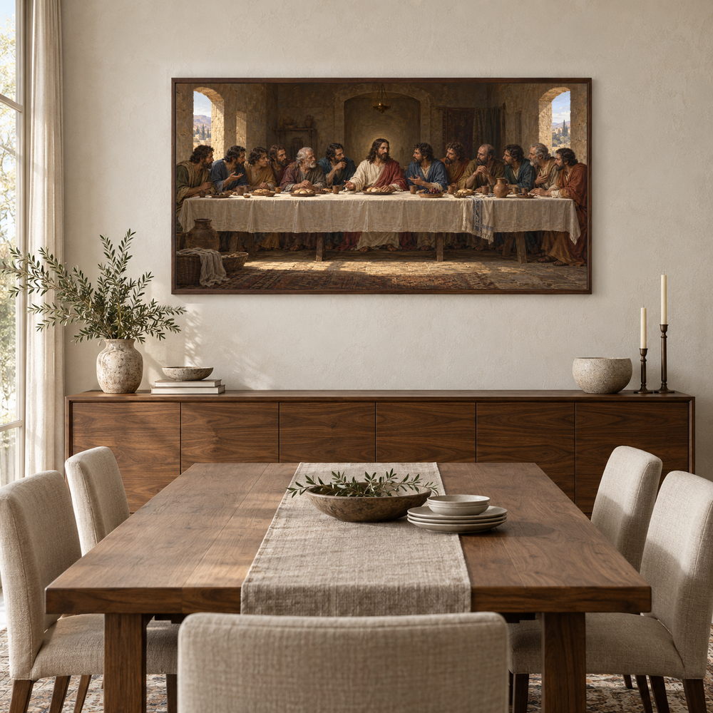 The Last Supper oil painting displayed in a walnut dining room