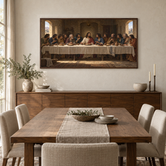 The Last Supper oil painting displayed in a walnut dining room