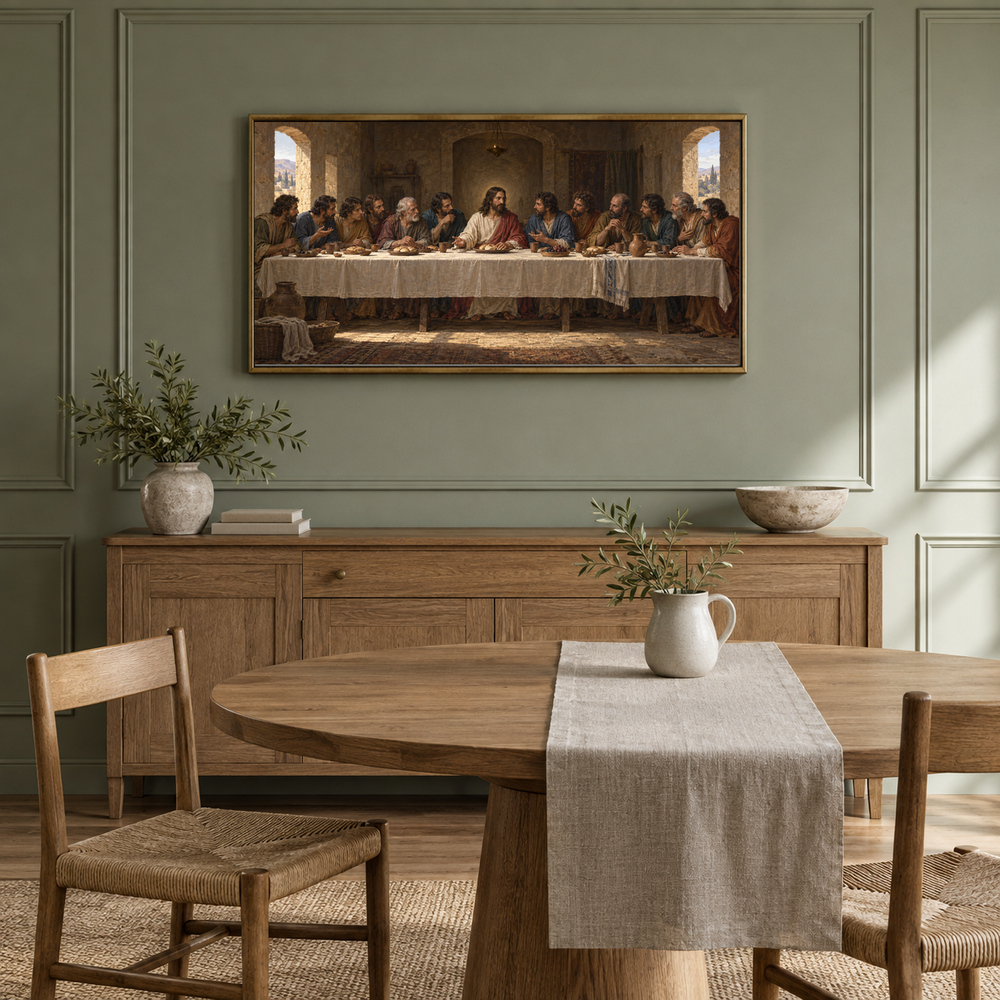 The Last Supper oil painting displayed in a sage dining alcove