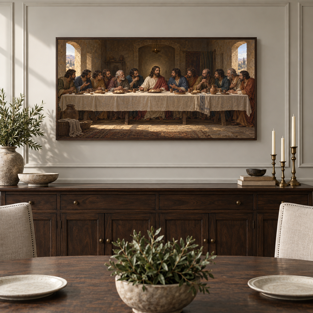 The Last Supper oil painting displayed in a classic dining room