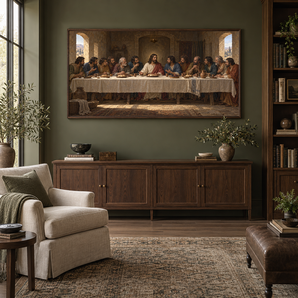 The Last Supper oil painting displayed in a olive home library