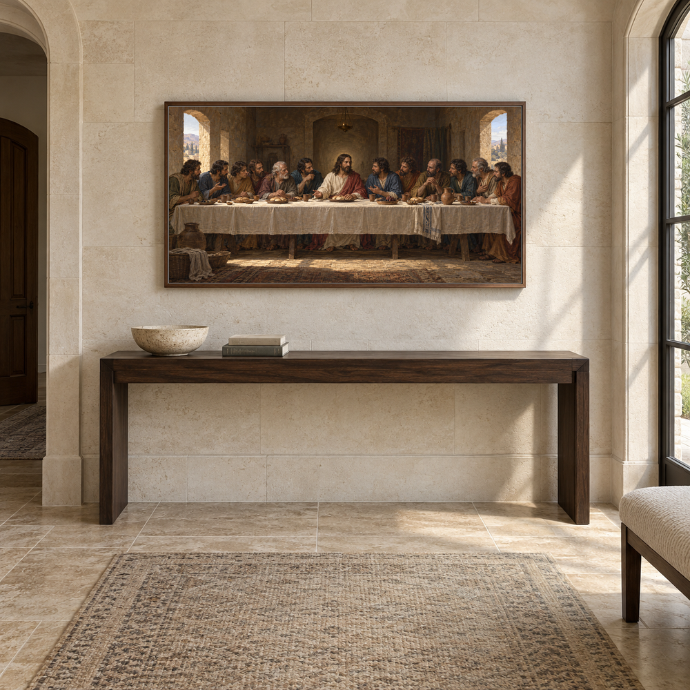 The Last Supper oil painting displayed in a limestone entry gallery
