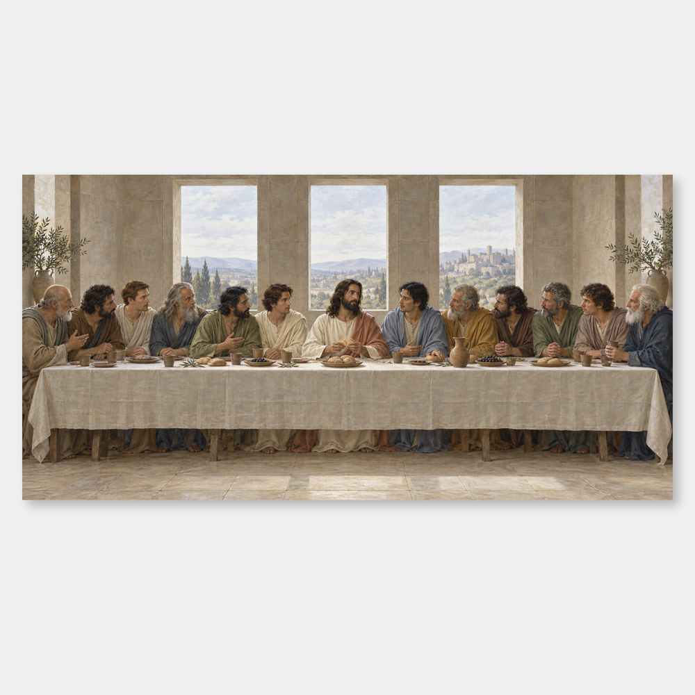 The Last Supper in Quiet Light – Neutral Biblical Art on a neutral gray background