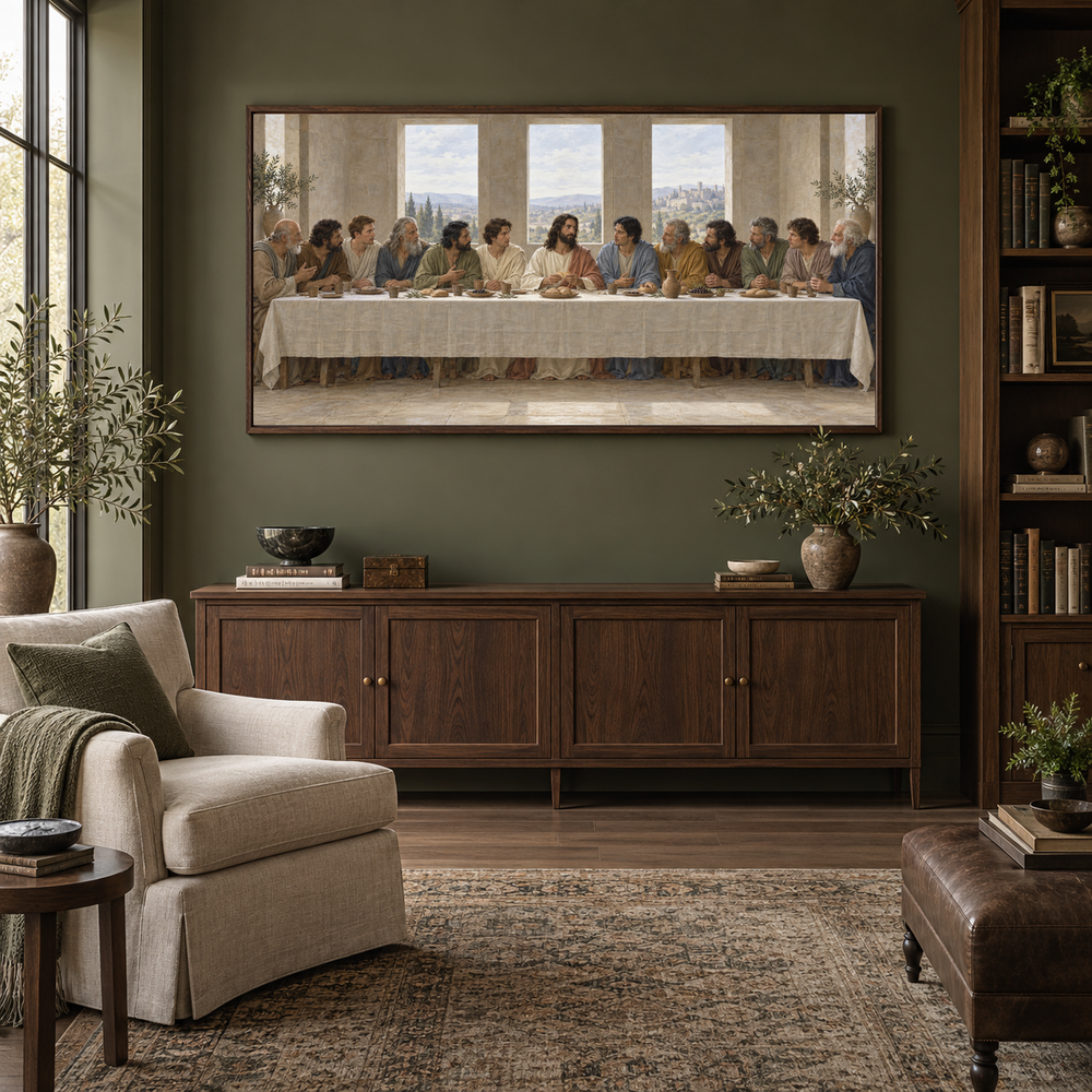 The Last Supper in Quiet Light oil painting displayed in a olive home library