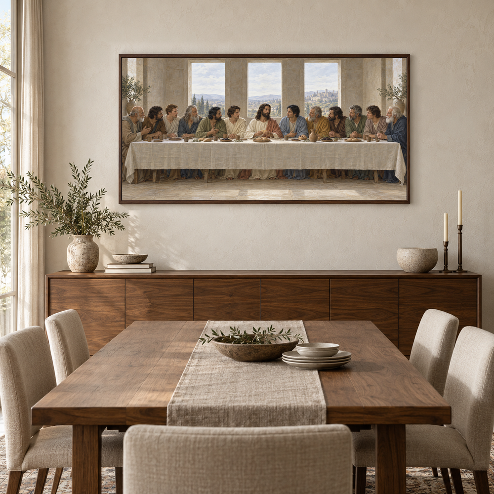 The Last Supper in Quiet Light oil painting displayed in a walnut dining room
