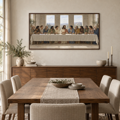 The Last Supper in Quiet Light oil painting displayed in a walnut dining room