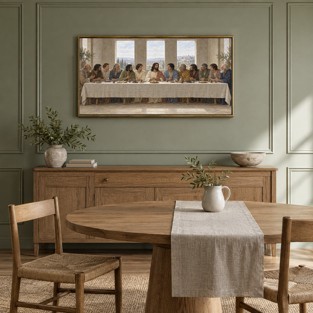 The Last Supper in Quiet Light oil painting displayed in a sage dining alcove