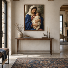 Madonna and Child oil painting displayed in a entryway