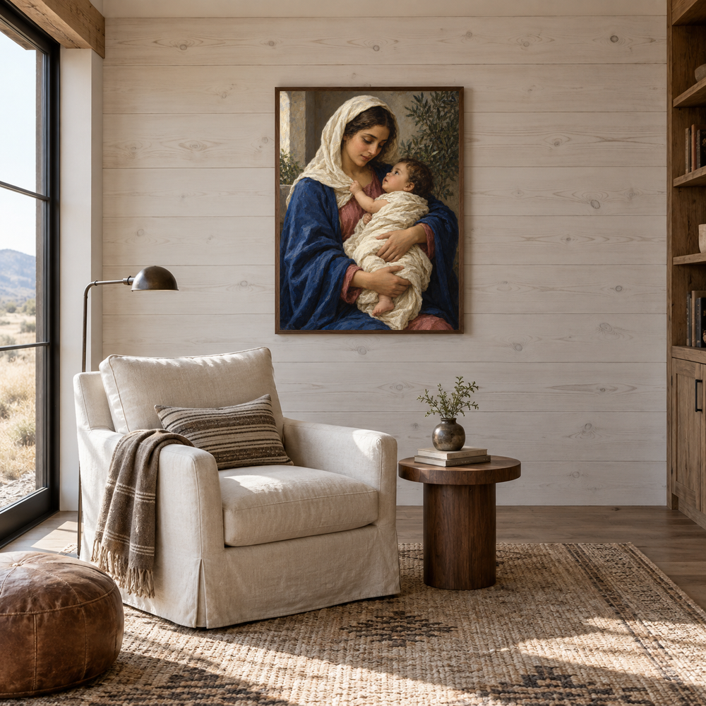 Madonna and Child oil painting displayed in a reading room