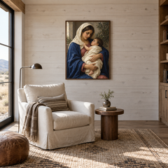 Madonna and Child oil painting displayed in a reading room