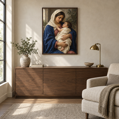 Madonna and Child oil painting displayed in a quiet reading and prayer corner