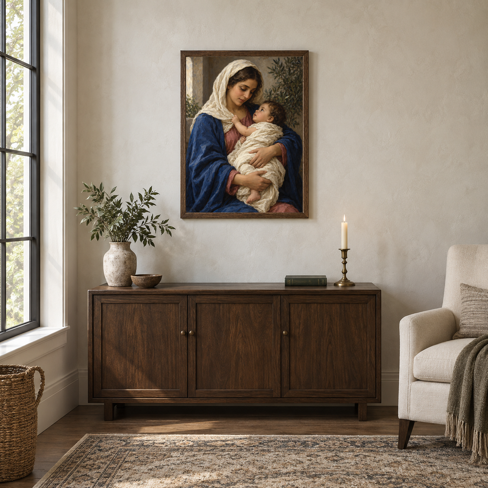 Madonna and Child oil painting displayed in a walnut prayer and reading alcove