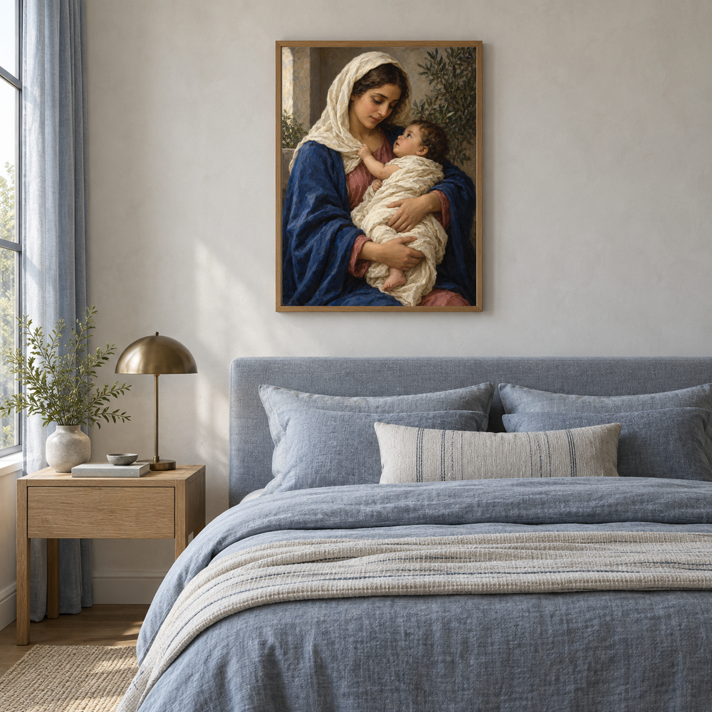 Madonna and Child oil painting displayed in a blue linen bedroom