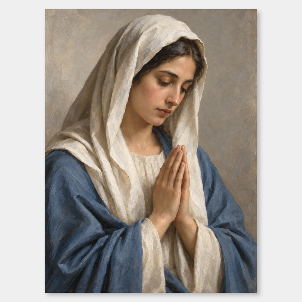 Virgin Mary in Prayer – Quiet Marian Portrait on a neutral gray background