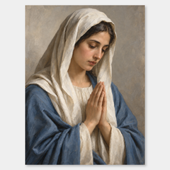 Virgin Mary in Prayer – Quiet Marian Portrait on a neutral gray background