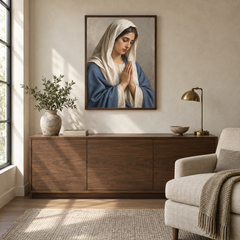 Virgin Mary in Prayer oil painting displayed in a quiet reading and prayer corner