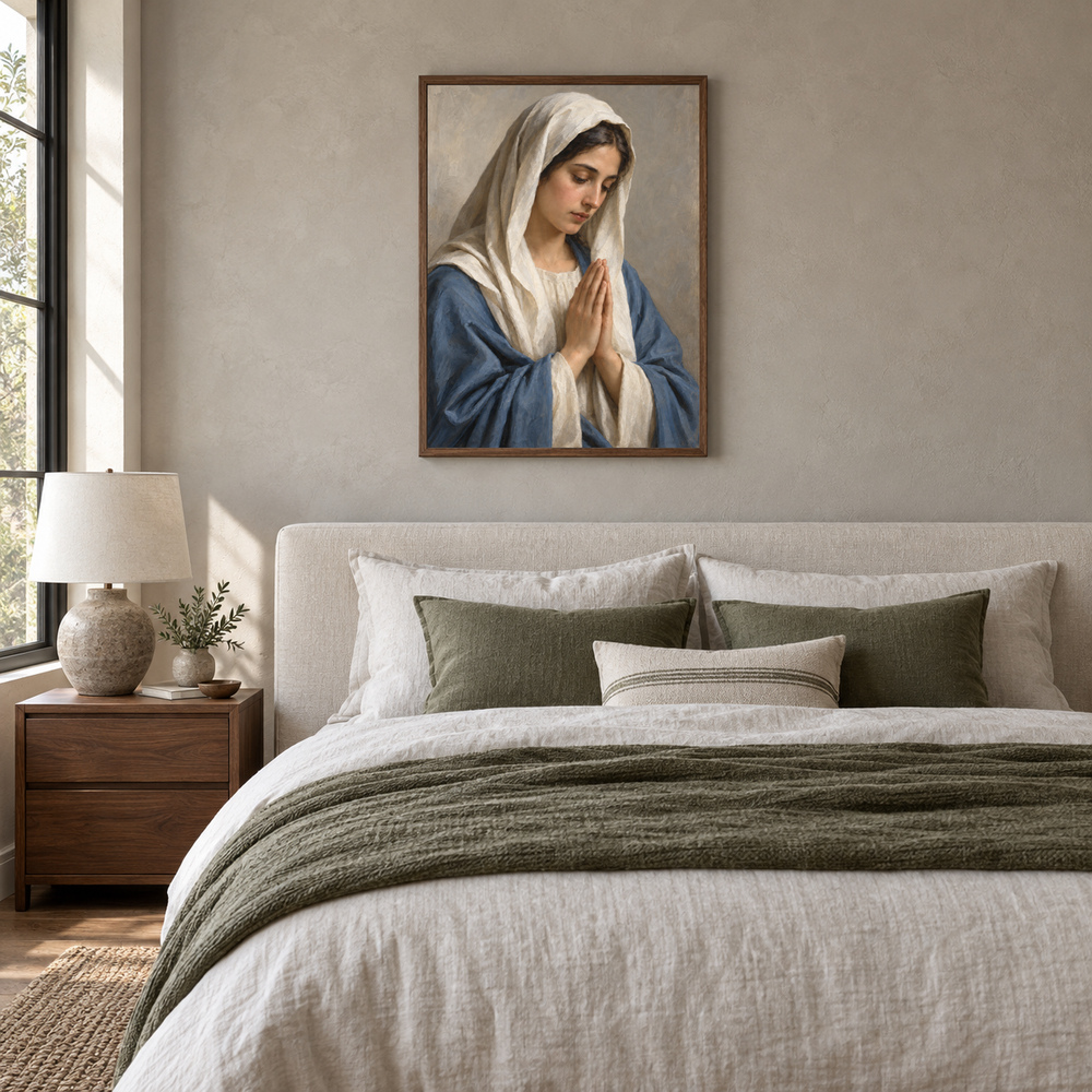Virgin Mary in Prayer oil painting displayed in a neutral bedroom