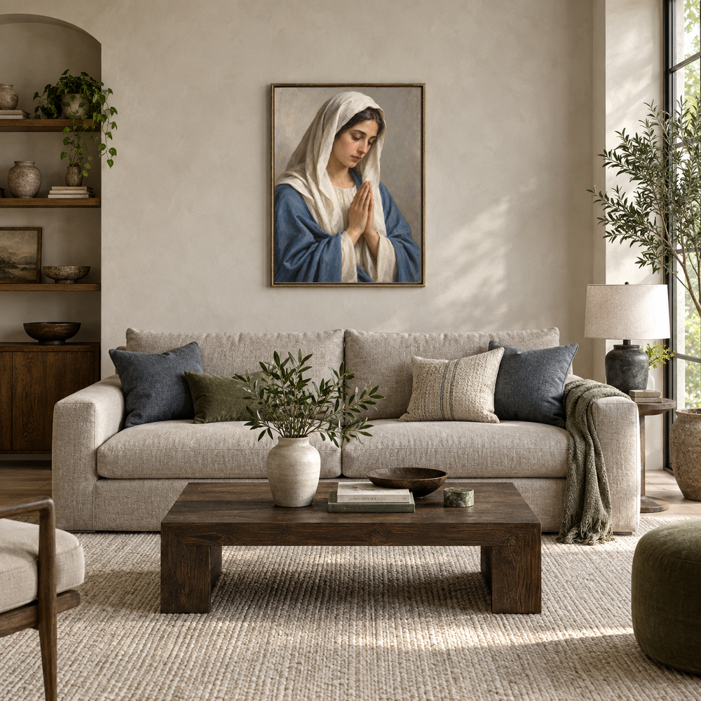 Virgin Mary in Prayer oil painting displayed in a modern living room