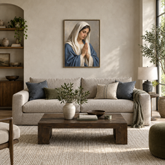 Virgin Mary in Prayer oil painting displayed in a modern living room