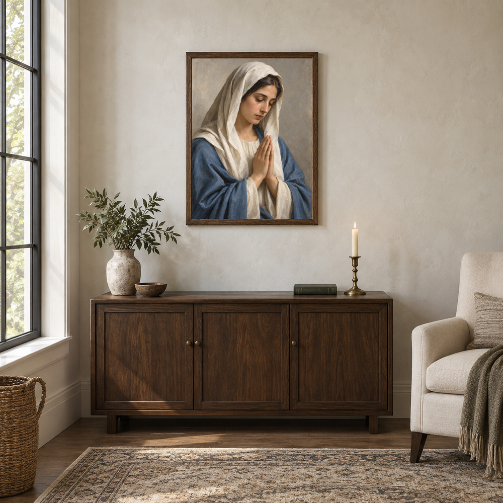 Virgin Mary in Prayer oil painting displayed in a walnut prayer and reading alcove