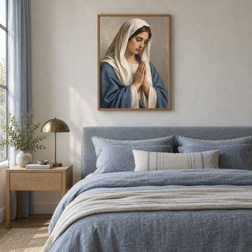 Virgin Mary in Prayer oil painting displayed in a blue linen bedroom