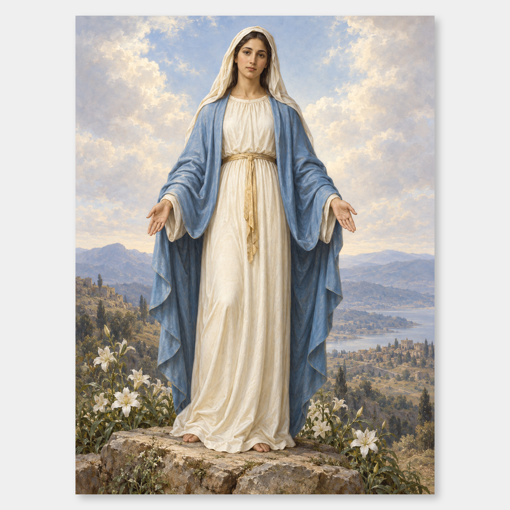 Our Lady of Grace – Virgin Mary with Open Hands on a neutral gray background