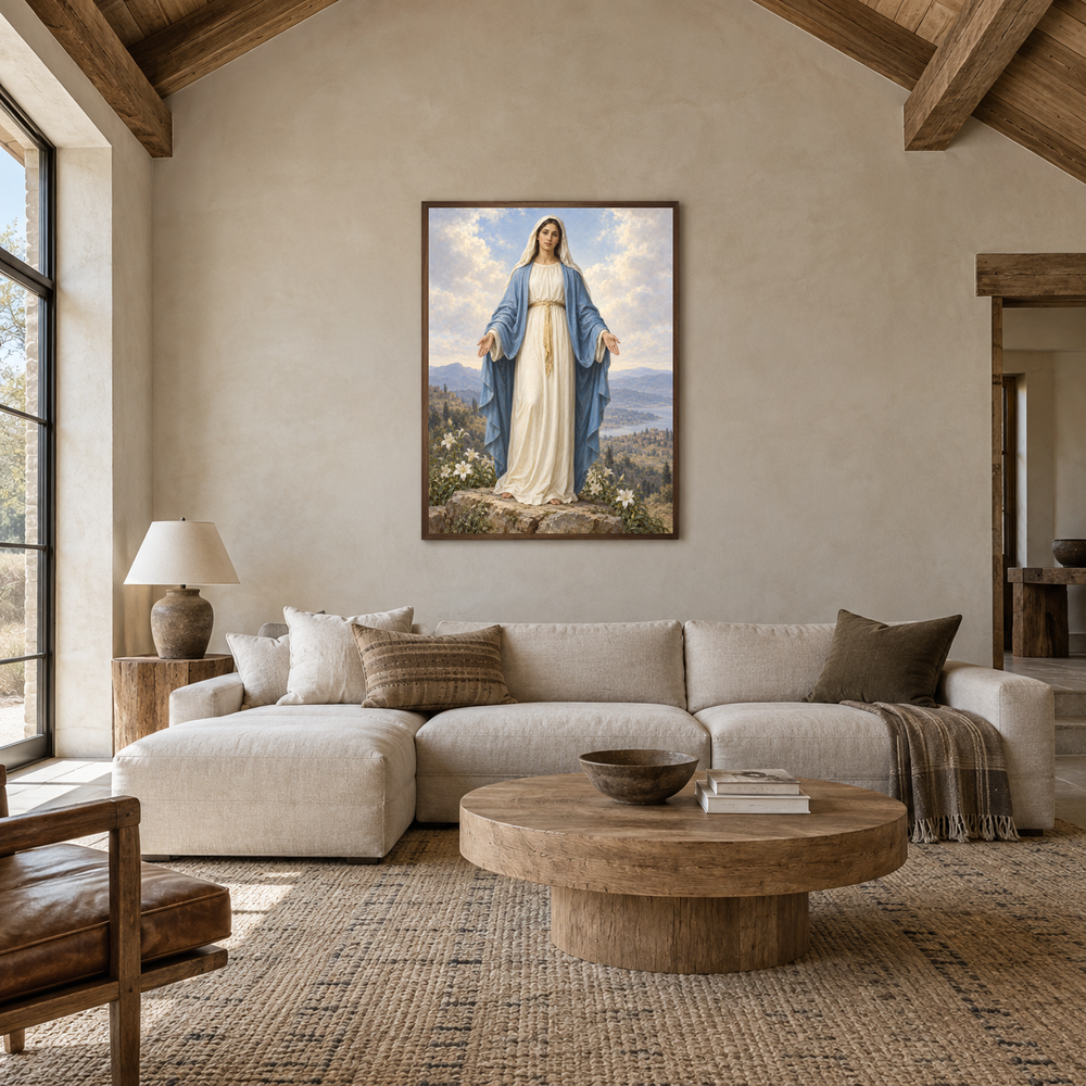 Our Lady of Grace oil painting displayed in a living room