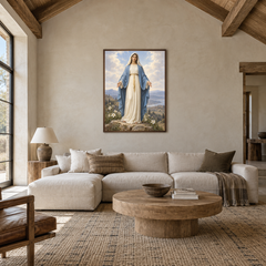 Our Lady of Grace oil painting displayed in a living room