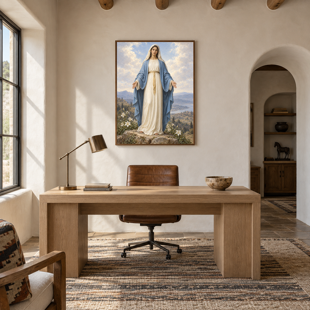 Our Lady of Grace oil painting displayed in a study