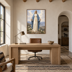 Our Lady of Grace oil painting displayed in a study