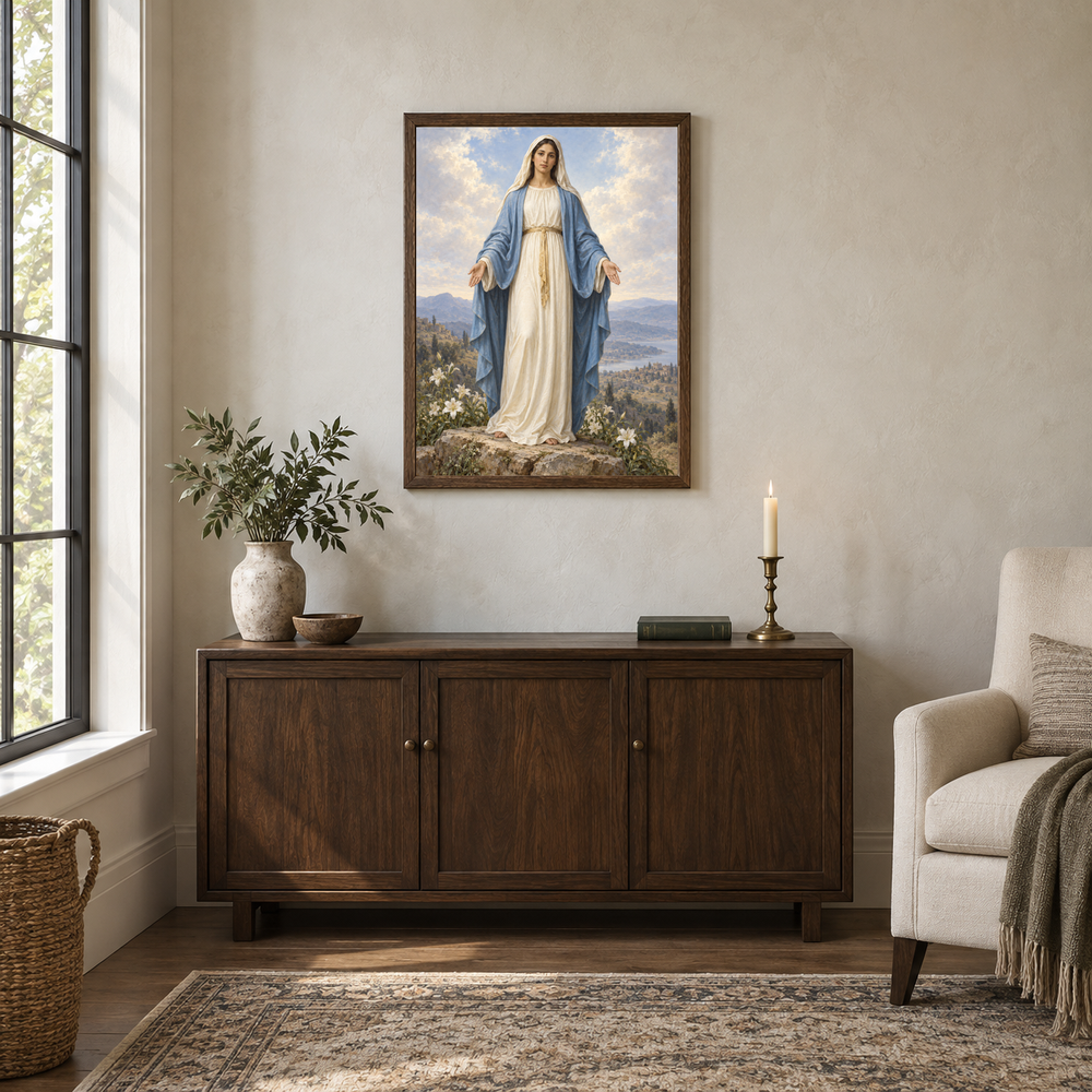 Our Lady of Grace oil painting displayed in a walnut prayer and reading alcove