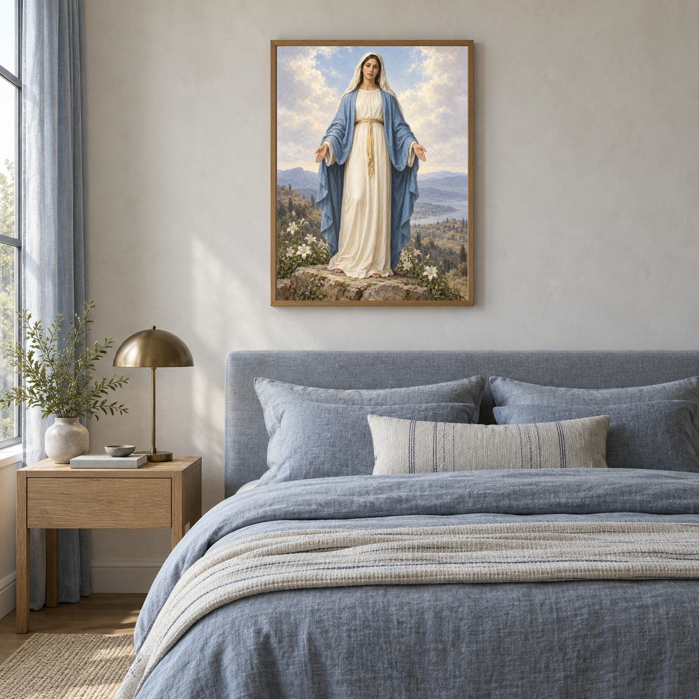 Our Lady of Grace oil painting displayed in a blue linen bedroom