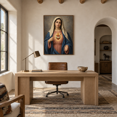 Immaculate Heart of Mary oil painting displayed in a study