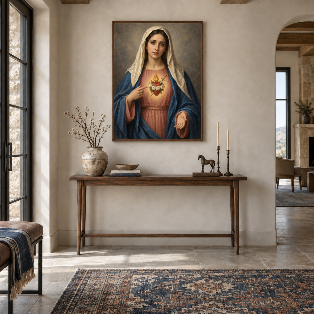Immaculate Heart of Mary oil painting displayed in a entryway