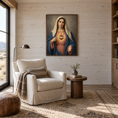 Immaculate Heart of Mary oil painting displayed in a reading room