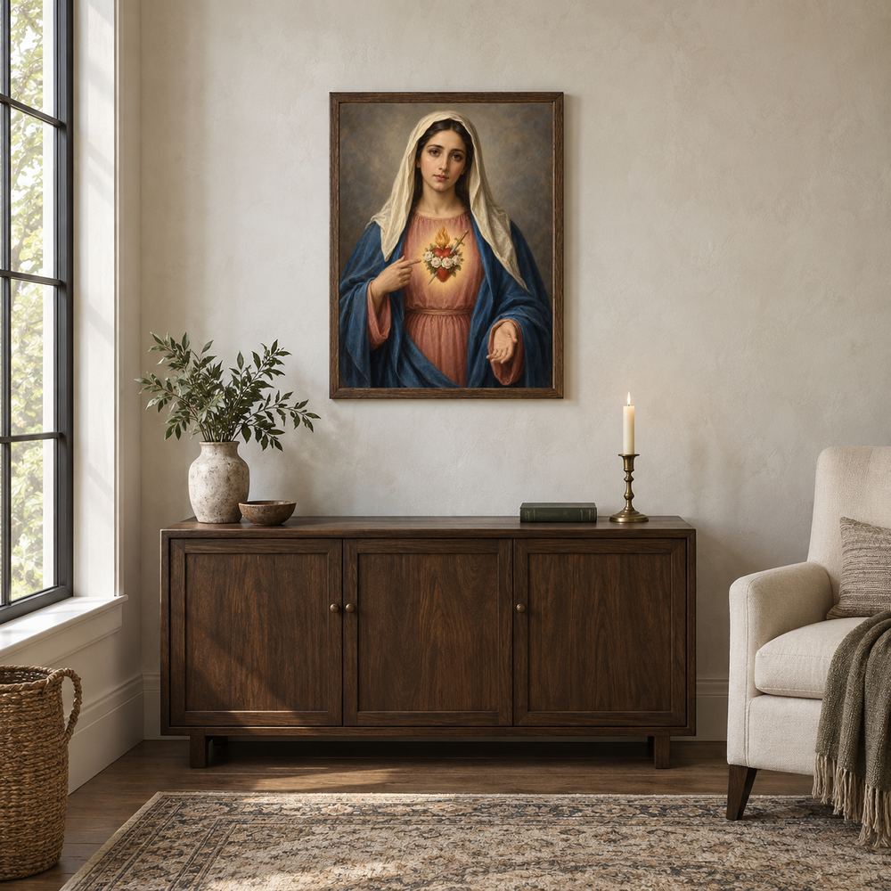 Immaculate Heart of Mary oil painting displayed in a walnut prayer and reading alcove