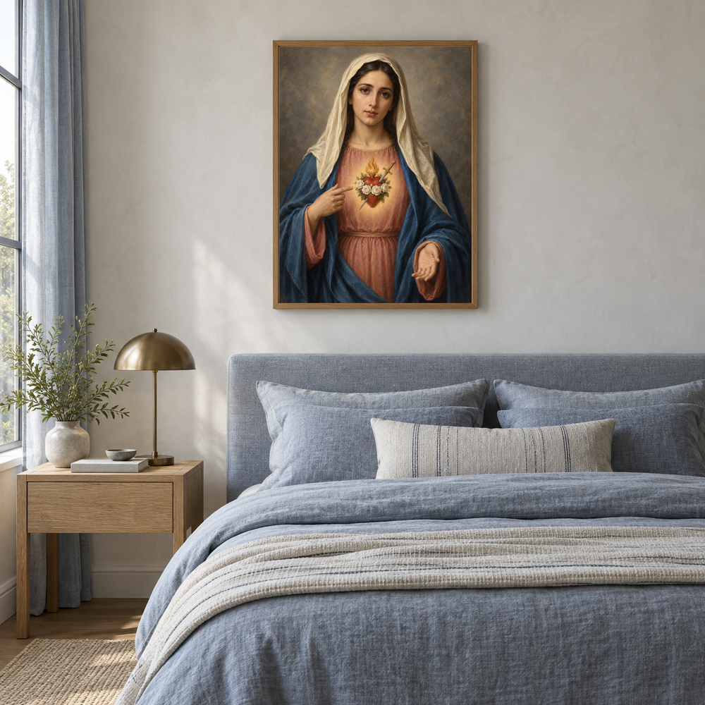 Immaculate Heart of Mary oil painting displayed in a blue linen bedroom