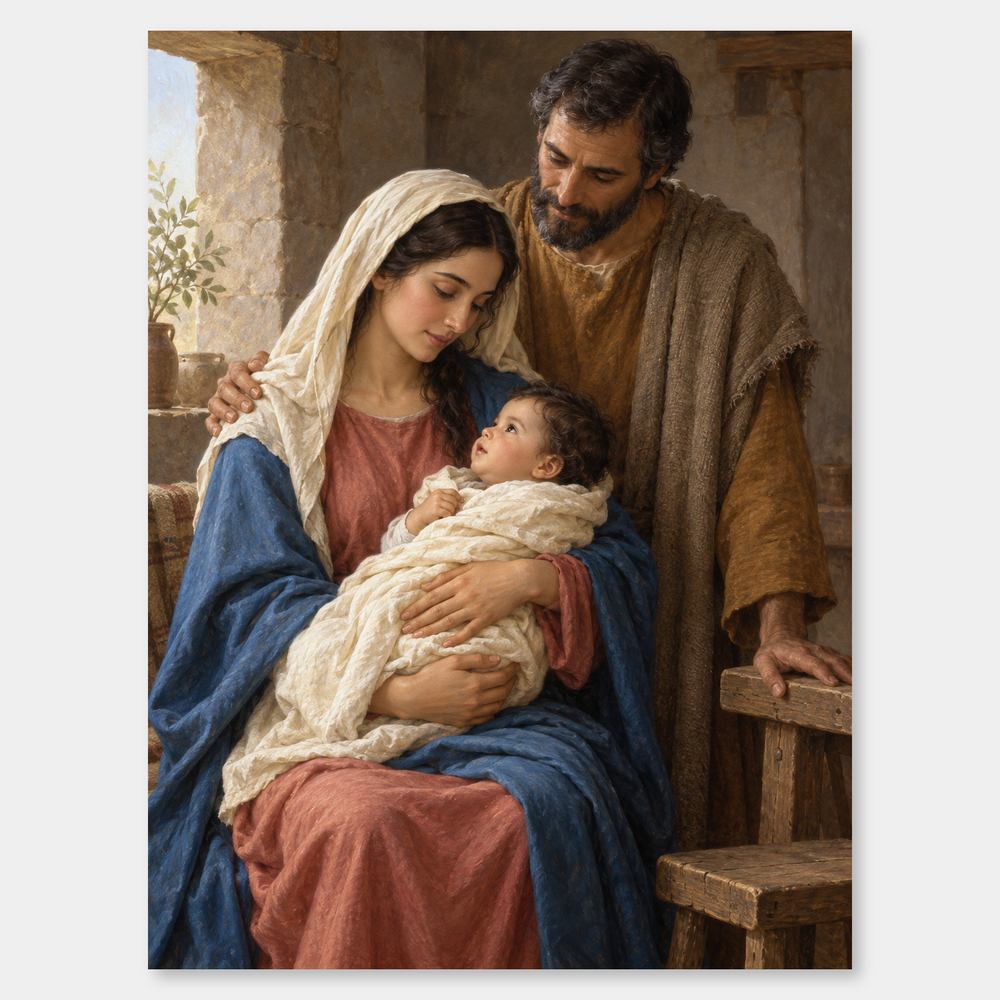 The Holy Family – Mary, Joseph and Baby Jesus Painting on a neutral gray background